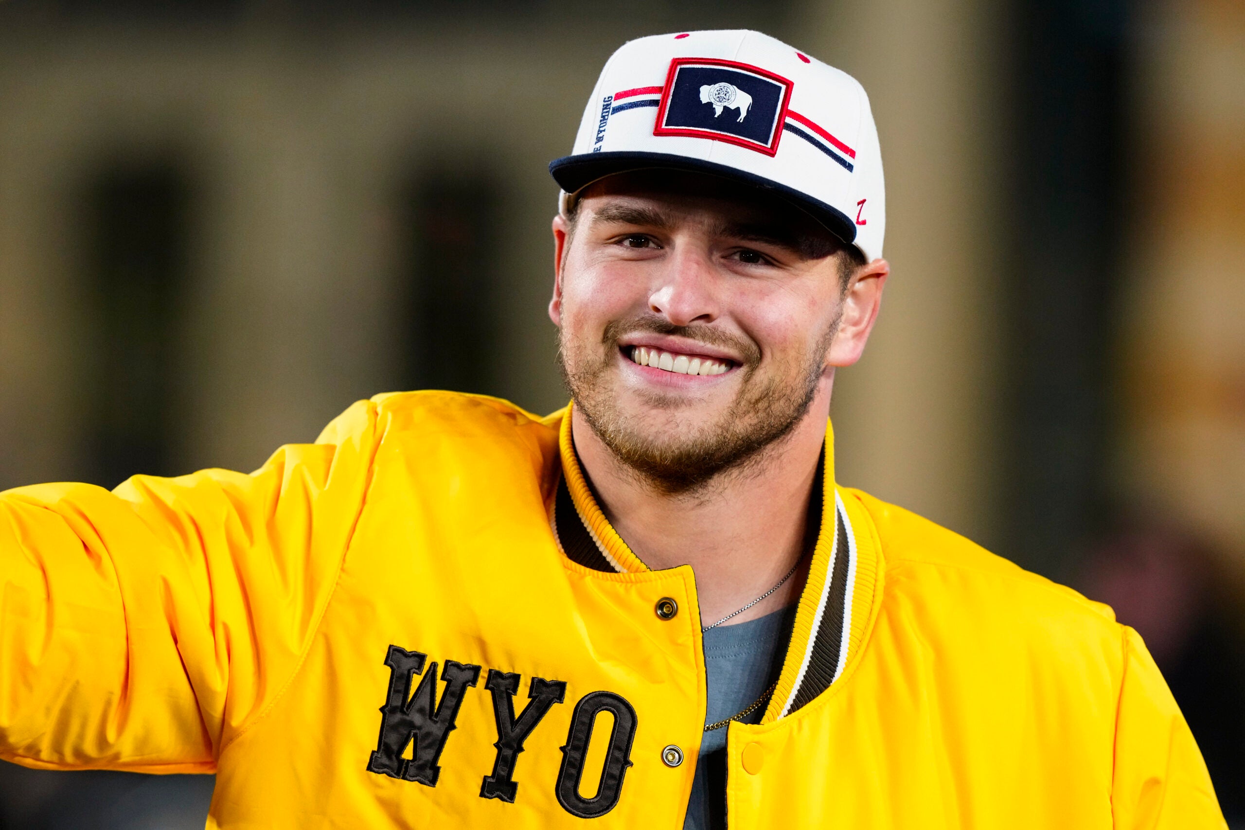 Nov 23, 2024; Laramie, Wyoming, USA; Wyoming Cowboys alumni and current Cincinnati Bengals linebacker Logan Wilson against the Boise State Broncos during the first quarter at Jonah Field at War Memorial Stadium.