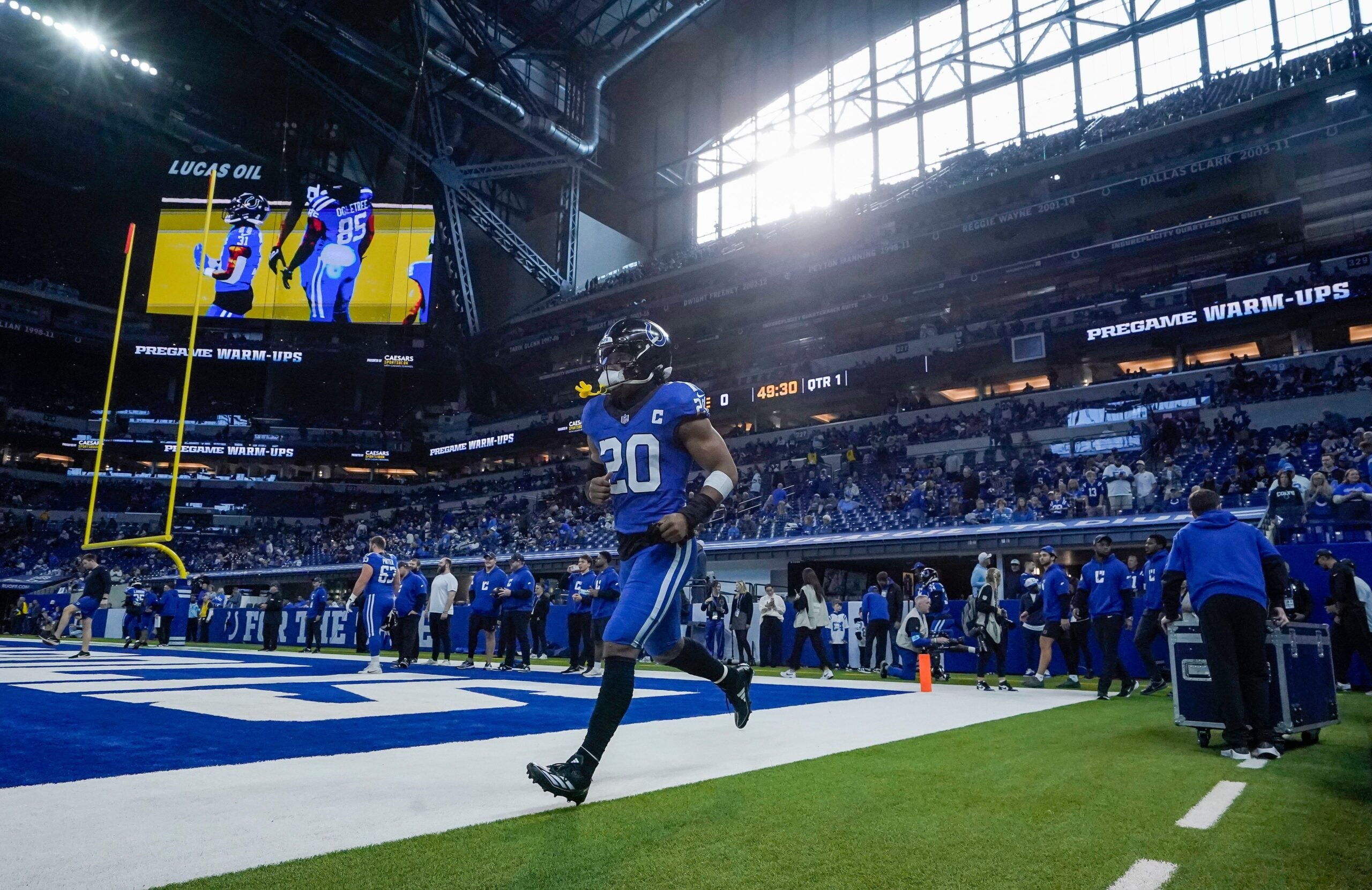 Indianapolis Colts safety Nick Cross (20) jogs up the field Sunday, Nov. 24, 2024, ahead of the game against the Detroit Lions at Lucas Oil Stadium in Indianapolis.
