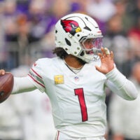 Dec 1, 2024; Minneapolis, Minnesota, USA; Arizona Cardinals quarterback Kyler Murray (1) passes against the Minnesota Vikings in the first quarter at U.S. Bank Stadium.