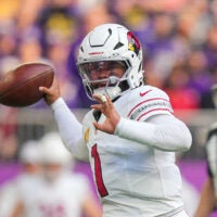 Dec 1, 2024; Minneapolis, Minnesota, USA; Arizona Cardinals quarterback Kyler Murray (1) passes against the Minnesota Vikings in the second quarter at U.S. Bank Stadium.