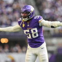 Dec 1, 2024; Minneapolis, Minnesota, USA; Minnesota Vikings linebacker Jonathan Greenard (58) reacts during the second quarter against the Arizona Cardinals at U.S. Bank Stadium.