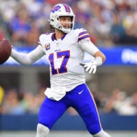Dec 8, 2024; Inglewood, California, USA; Buffalo Bills quarterback Josh Allen (17) throws against the Los Angeles Rams during the first half at SoFi Stadium.