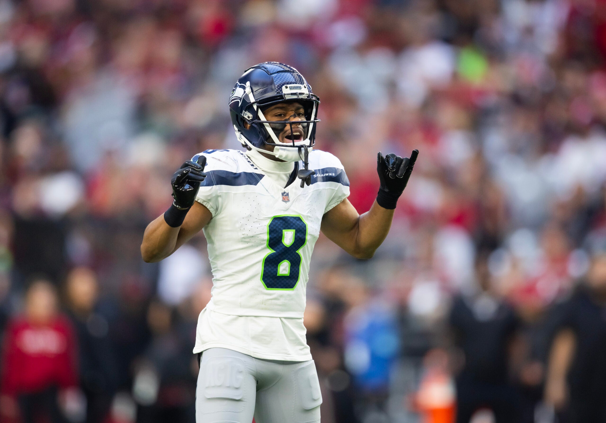 Dec 8, 2024; Glendale, Arizona, USA; Seattle Seahawks cornerback Coby Bryant (8) against the Arizona Cardinals at State Farm Stadium.