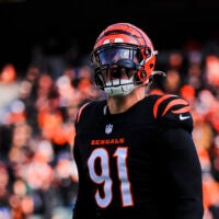 Dec 22, 2024; Cincinnati, Ohio, USA; Cincinnati Bengals defensive end Trey Hendrickson (91) runs onto the field before the game against the Cleveland Browns at Paycor Stadium.