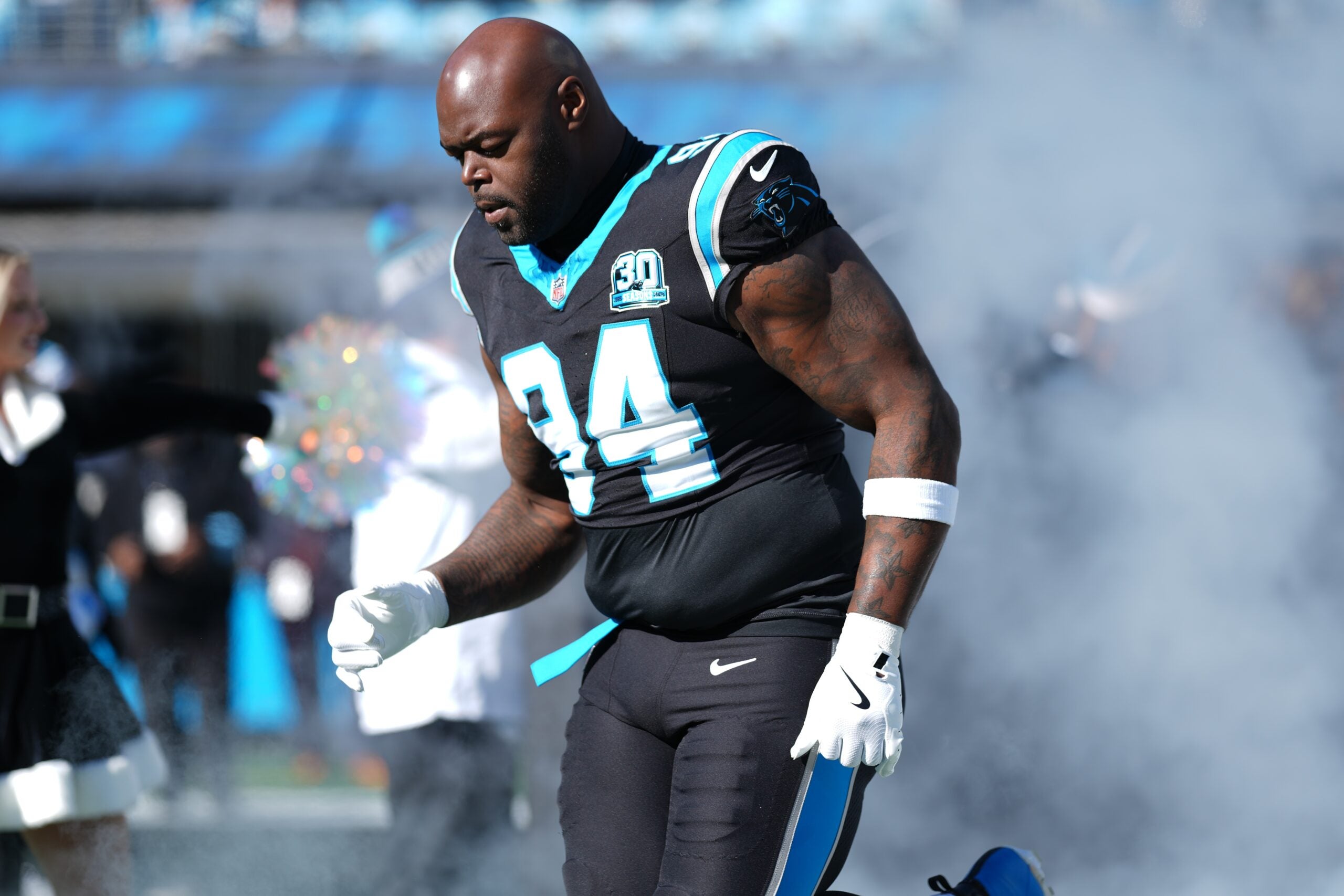 Dec 22, 2024; Charlotte, North Carolina, USA; Carolina Panthers defensive end A'Shawn Robinson (94) takes the field during the first quarter against the Arizona Cardinals at Bank of America Stadium.