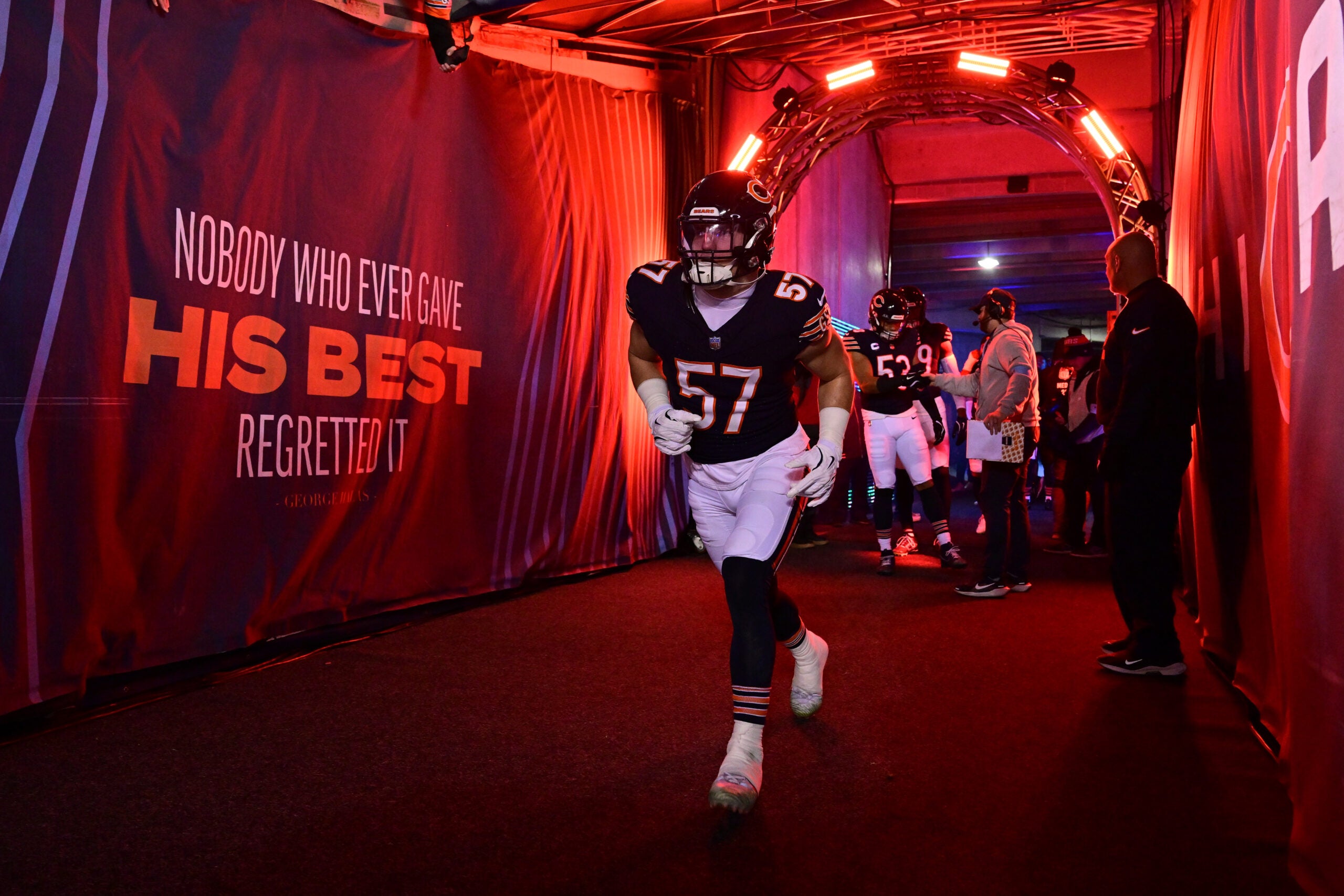 Dec 26, 2024; Chicago, Illinois, USA; Chicago Bears linebacker Jack Sanborn (57) enters the field before the game against the Seattle Seahawks at Soldier Field.