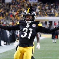 Jan 4, 2025; Pittsburgh, Pennsylvania, USA; Pittsburgh Steelers cornerback Beanie Bishop Jr. (31) celebrates after intercepting a Cincinnati Bengals pass during the second quarter at Acrisure Stadium.