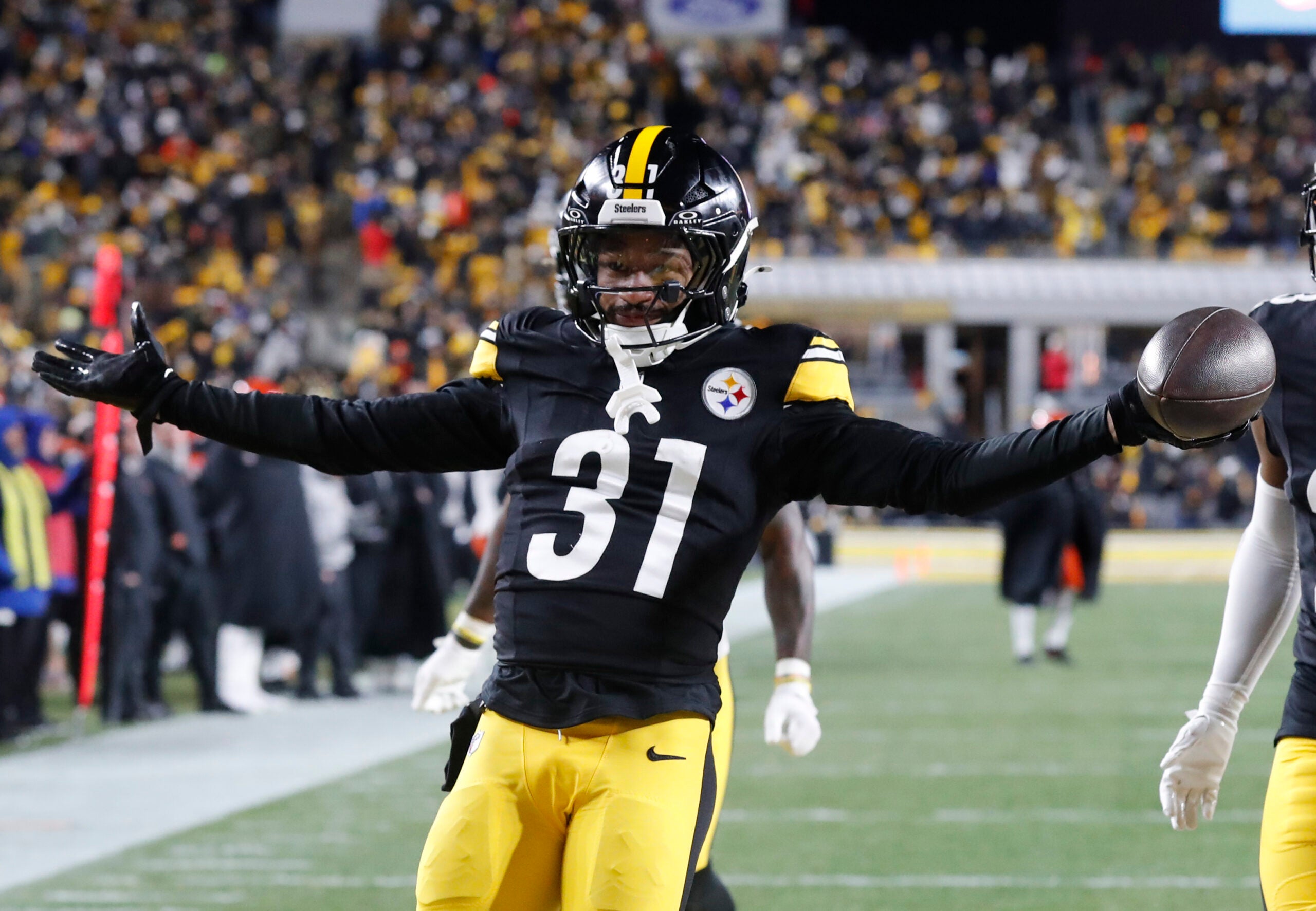 Jan 4, 2025; Pittsburgh, Pennsylvania, USA; Pittsburgh Steelers cornerback Beanie Bishop Jr. (31) celebrates after intercepting a Cincinnati Bengals pass during the second quarter at Acrisure Stadium.