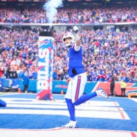 Jan 12, 2025; Orchard Park, New York, USA; Buffalo Bills quarterback Josh Allen (17) takes the field prior to a game against the Denver Broncos in an AFC wild card game at Highmark Stadium.