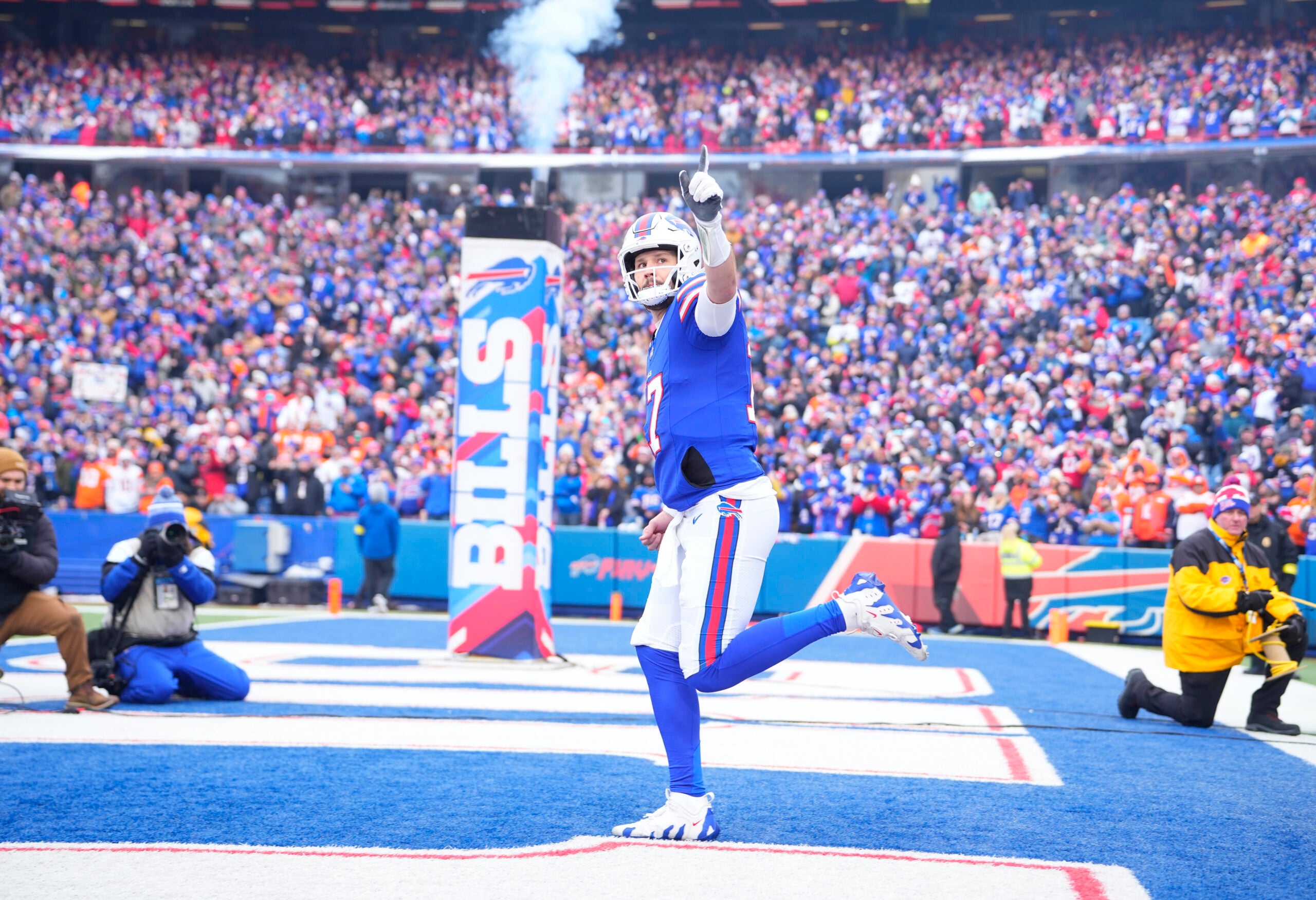 Jan 12, 2025; Orchard Park, New York, USA; Buffalo Bills quarterback Josh Allen (17) takes the field prior to a game against the Denver Broncos in an AFC wild card game at Highmark Stadium.