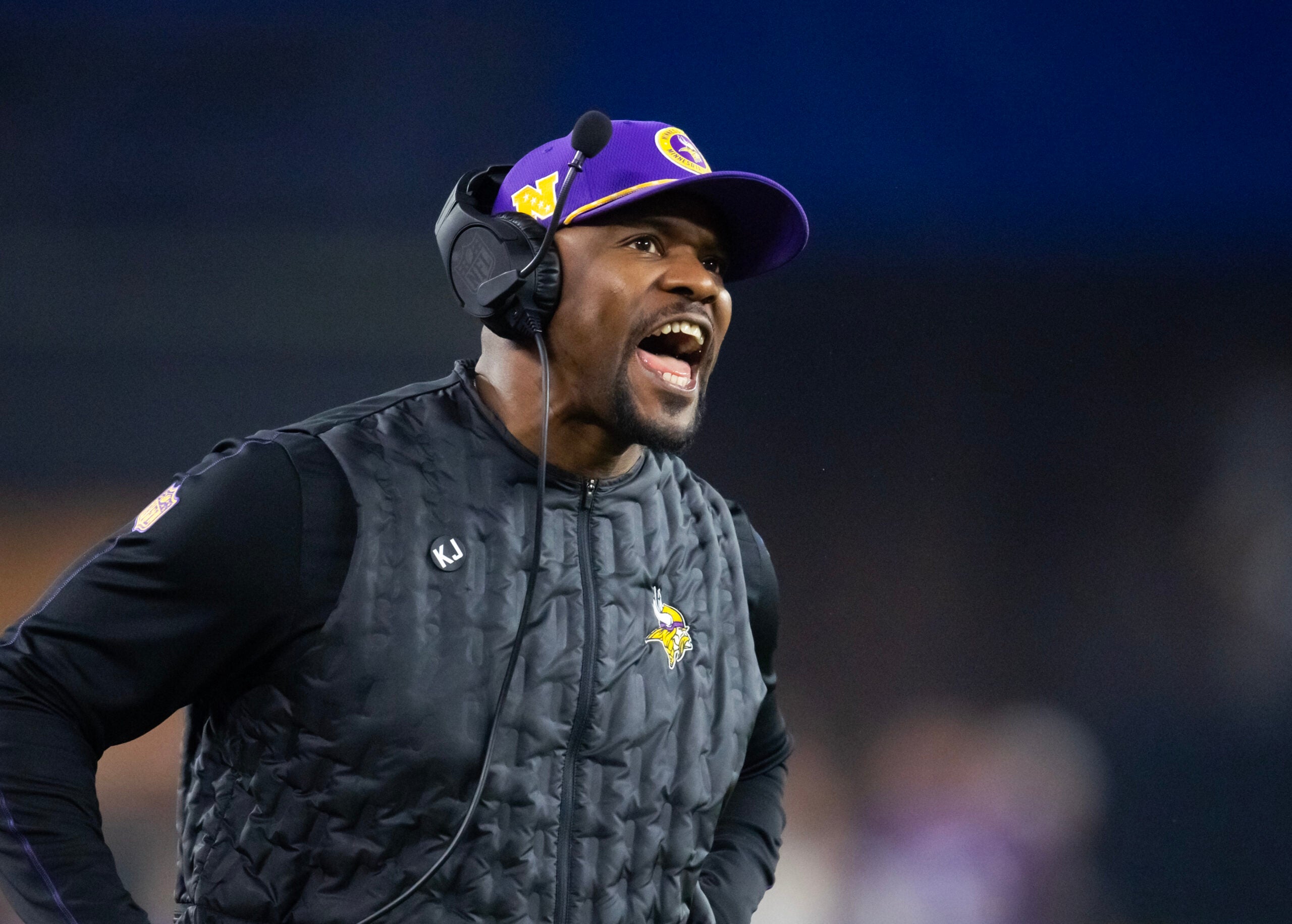 Jan 13, 2025; Glendale, AZ, USA; Minnesota Vikings defensive coordinator Brian Flores against the Los Angeles Rams during an NFC wild card game at State Farm Stadium.