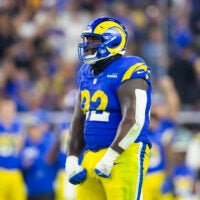 Jan 13, 2025; Glendale, AZ, USA; Los Angeles Rams defensive tackle Neville Gallimore (92) celebrates a play against the Minnesota Vikings during an NFC wild card game at State Farm Stadium.