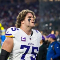 Jan 13, 2025; Glendale, AZ, USA; Minnesota Vikings tackle Brian O'Neill (75) against the Los Angeles Rams during an NFC wild card game at State Farm Stadium.