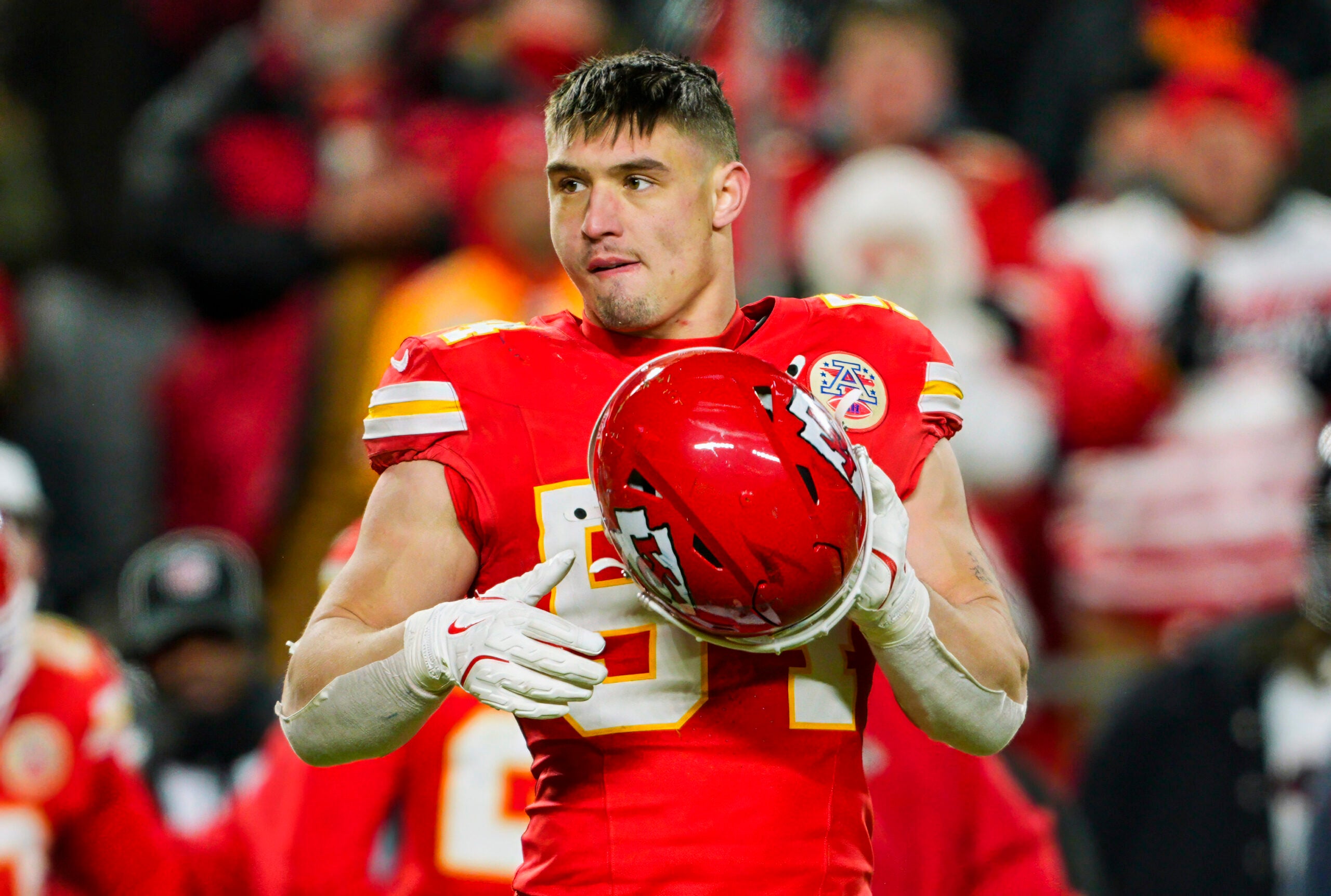 Jan 18, 2025; Kansas City, Missouri, USA; Kansas City Chiefs linebacker Leo Chenal (54) reacts during the second half against Houston Texans in a 2025 AFC divisional round game at GEHA Field at Arrowhead Stadium.