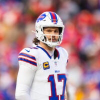 Jan 26, 2025; Kansas City, MO, USA; Buffalo Bills quarterback Josh Allen (17) against the Kansas City Chiefs during the AFC Championship game at GEHA Field at Arrowhead Stadium.
