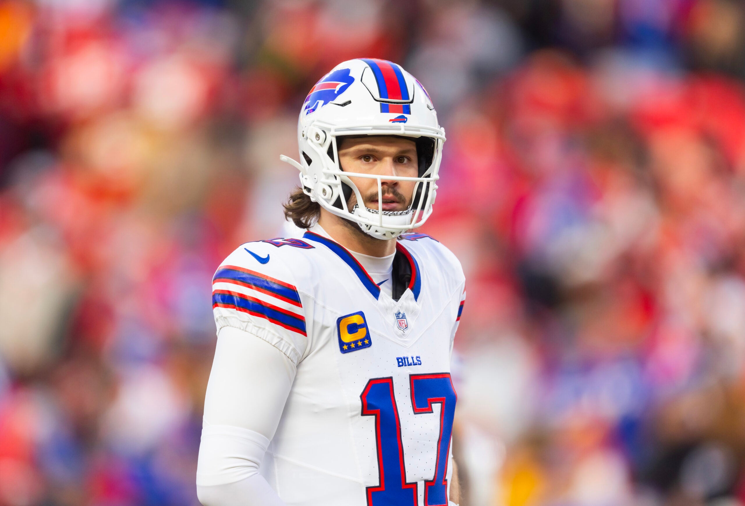 Jan 26, 2025; Kansas City, MO, USA; Buffalo Bills quarterback Josh Allen (17) against the Kansas City Chiefs during the AFC Championship game at GEHA Field at Arrowhead Stadium.