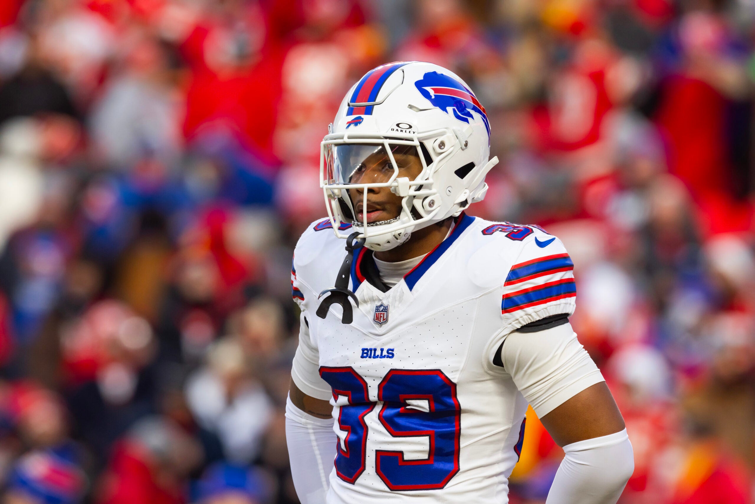 Jan 26, 2025; Kansas City, MO, USA; Buffalo Bills cornerback Cam Lewis (39) against the Kansas City Chiefs during the AFC Championship game at GEHA Field at Arrowhead Stadium.