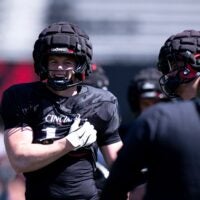 Cincinnati Bearcats linebacker Jake Golday (11) smiles during the Cincinnati Bearcats football spring practice at Nippert Stadium on Saturday, April 12, 2025.