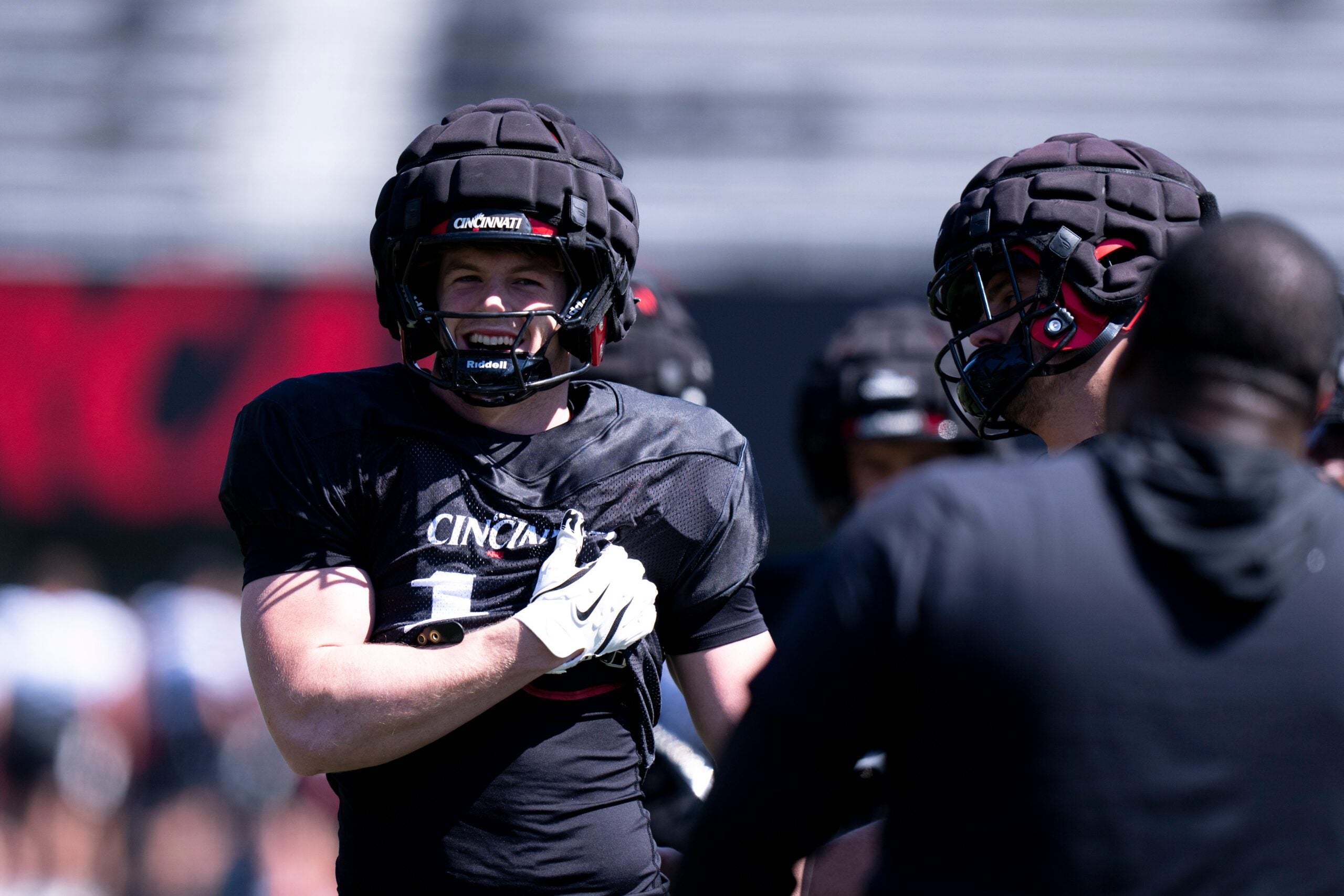 Cincinnati Bearcats linebacker Jake Golday (11) smiles during the Cincinnati Bearcats football spring practice at Nippert Stadium on Saturday, April 12, 2025.