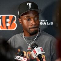 Former Cincinnati Bengals receiver AJ Green gives an interview ahead of NFL Draft night at Paycor Stadium in downtown Cincinnati on Thursday, April 24, 2025.
