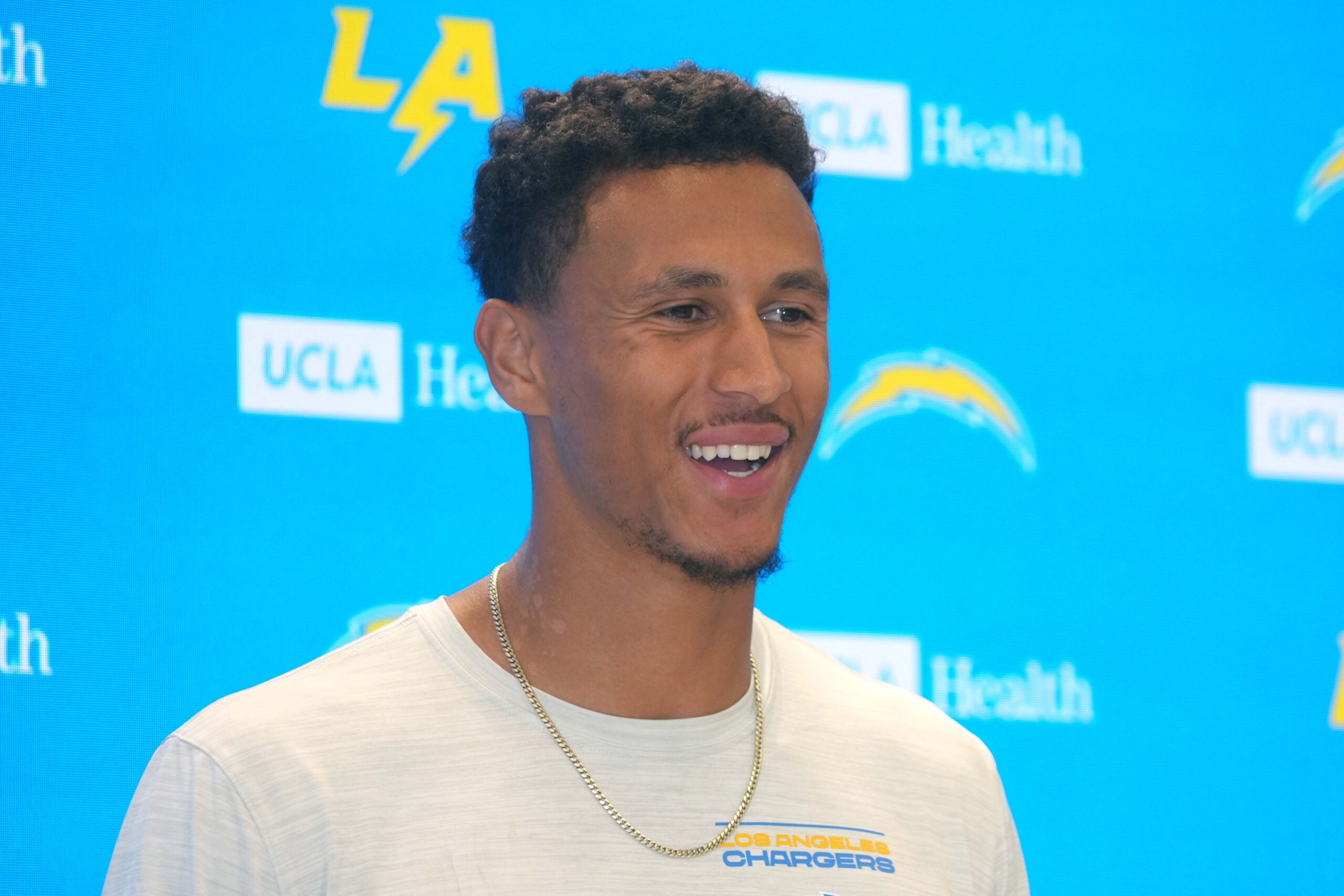 Apr 28, 2025; El Segundo, CA, USA; Los Angeles Chargers cornerback Benjamin St-Juste at press conference at The Bolt.