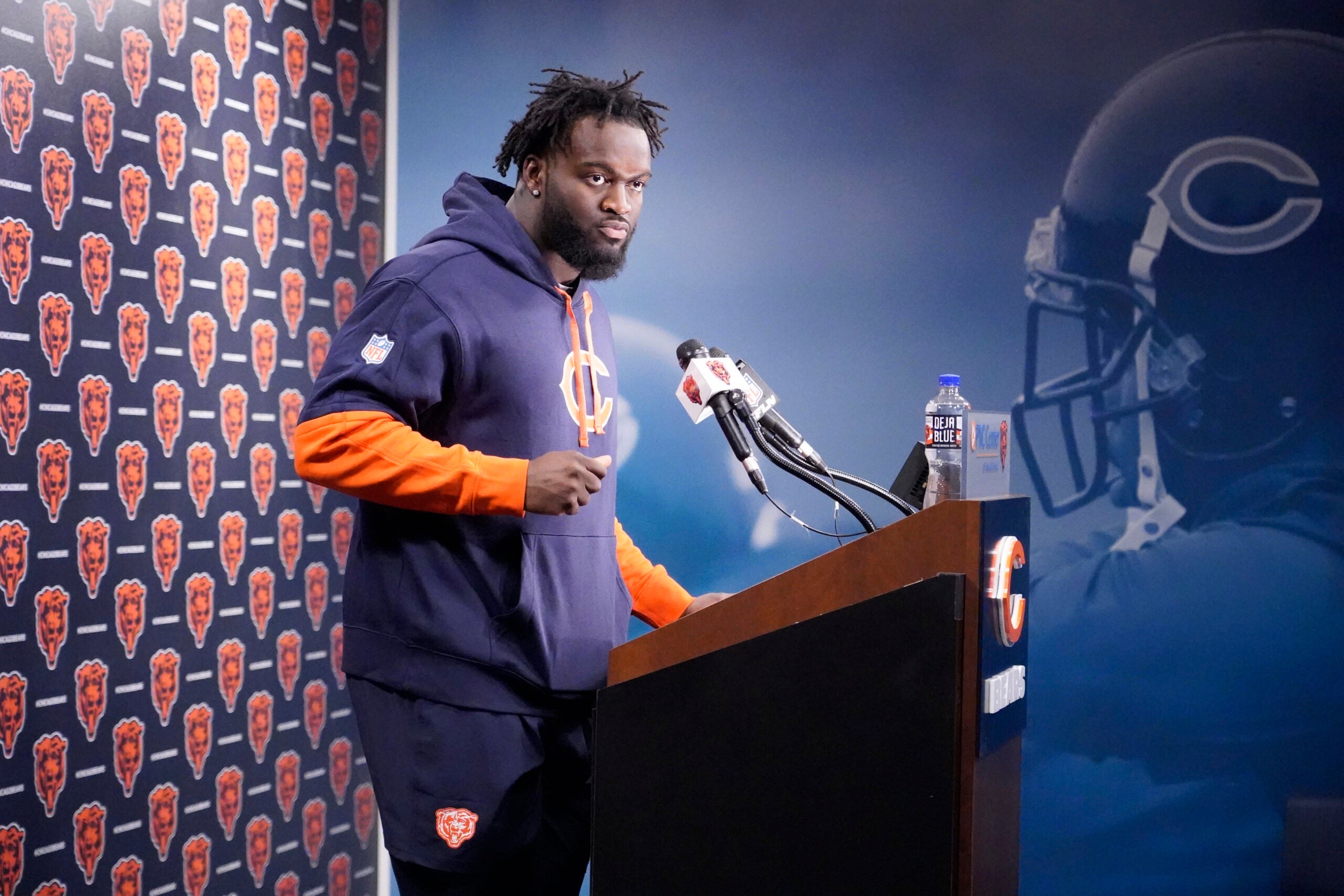 May 10, 2025; Lake Forest, IL, USA; Chicago Bears linebacker Ruben Hyppolite III answers questions after rookie minicamp at Halas Hall.