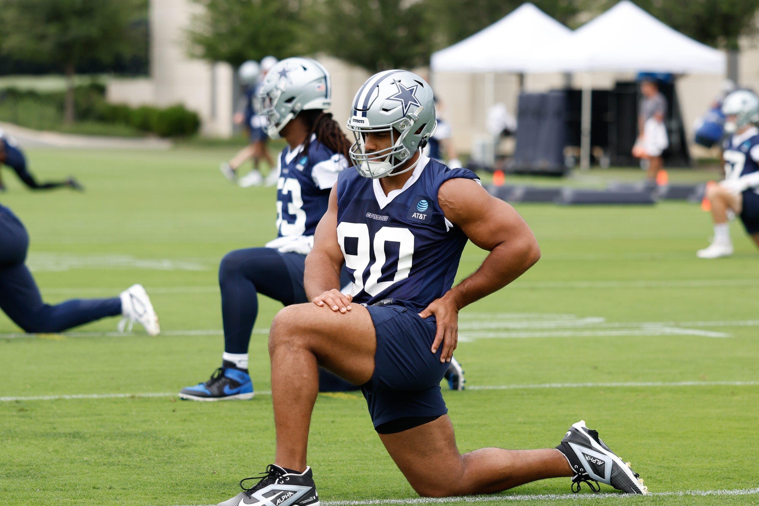 Jun 10, 2025; Arlington, TX, USA; Dallas Cowboys defensive tackle Solomon Thomas (90) goes through a drill during practice at the Ford Center at the Star Training Facility in Frisco, Texas.