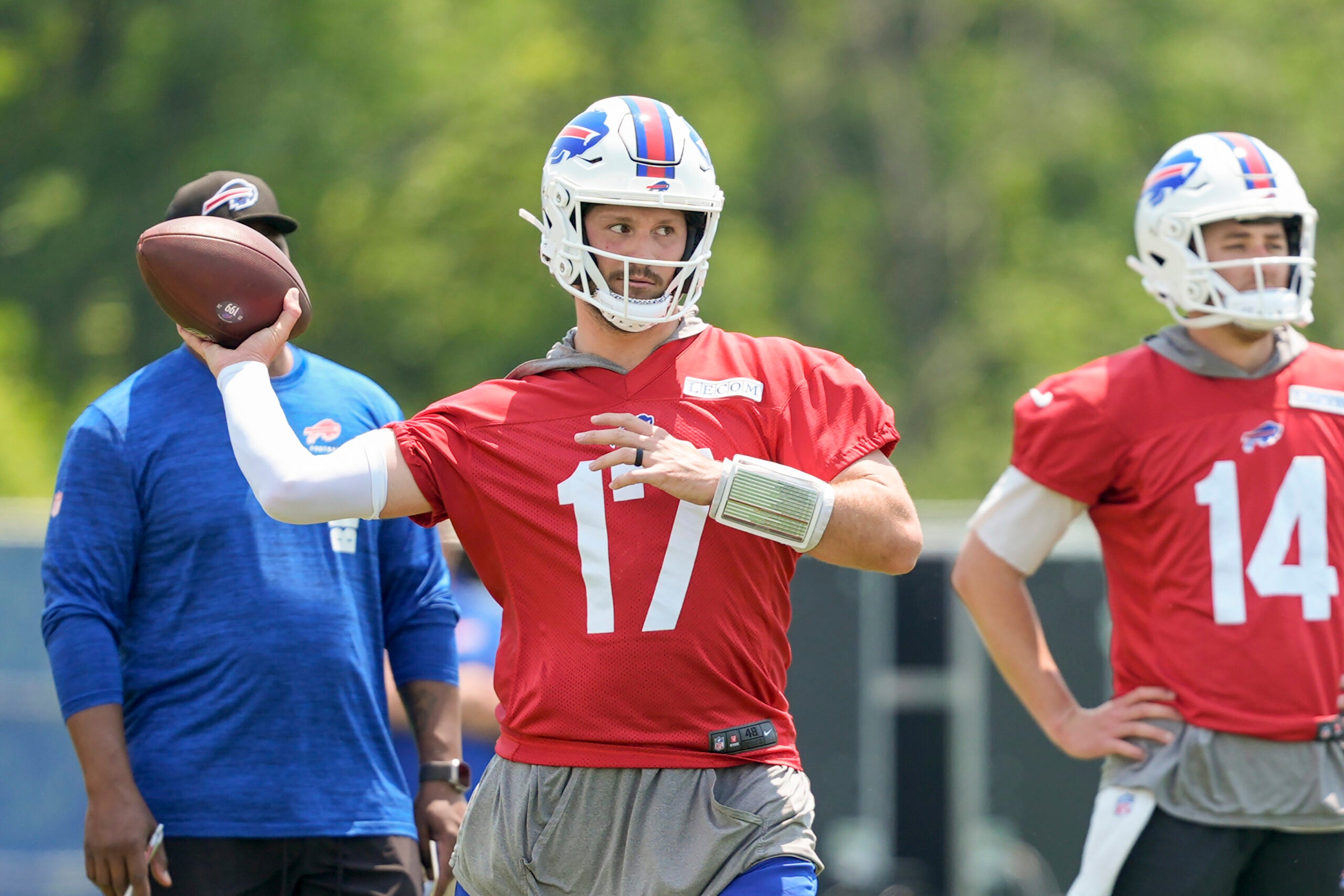 Jun 11, 2025; Orchard Park, NY, USA; Buffalo Bills quarterback Josh Allen (17) throws the ball during Minicamp at Highmark Stadium.