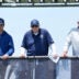 Jul 22, 2025; Oxnard, CA, USA; Dallas Cowboys owner Jerry Jones (center) watches with grandson John Stephen Jones (left) and son Stephen Jones during training camp at the River Ridge Fields.