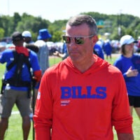 Jul 23, 2025; Rochester, NY, USA; Buffalo Bills general manager Brandon Beane on the field during training camp at St. John Fisher University.