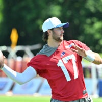 Jul 23, 2025; Rochester, NY, USA; Buffalo Bills quarterback Josh Allen (17) throws a pass during training camp at St. John Fisher University.