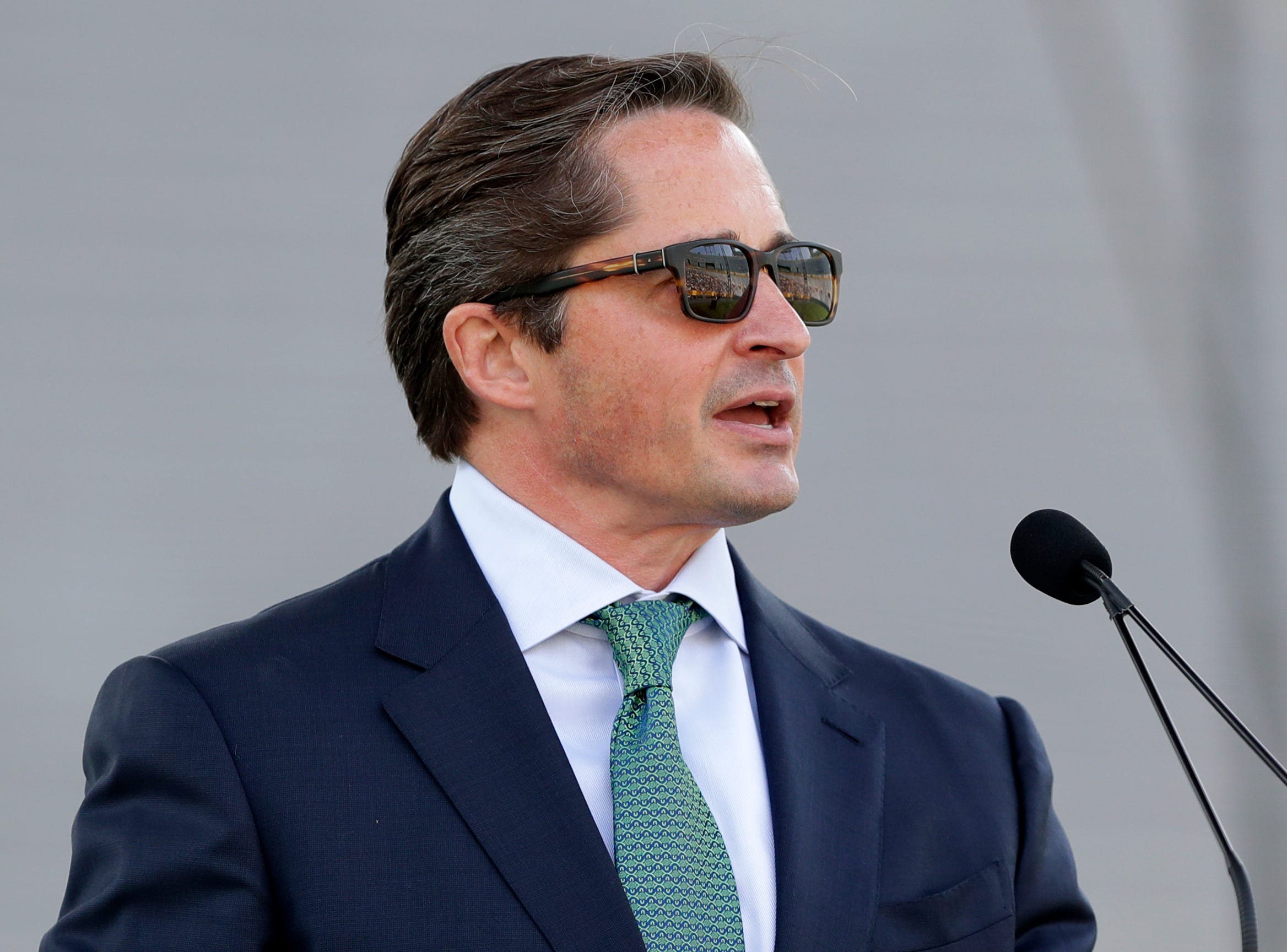 Green Bay Packers president and CEO Ed Policy speaks during the Green Bay Packers annual shareholders meeting on July 25, 2025, at Lambeau Field in Green Bay, Wis.