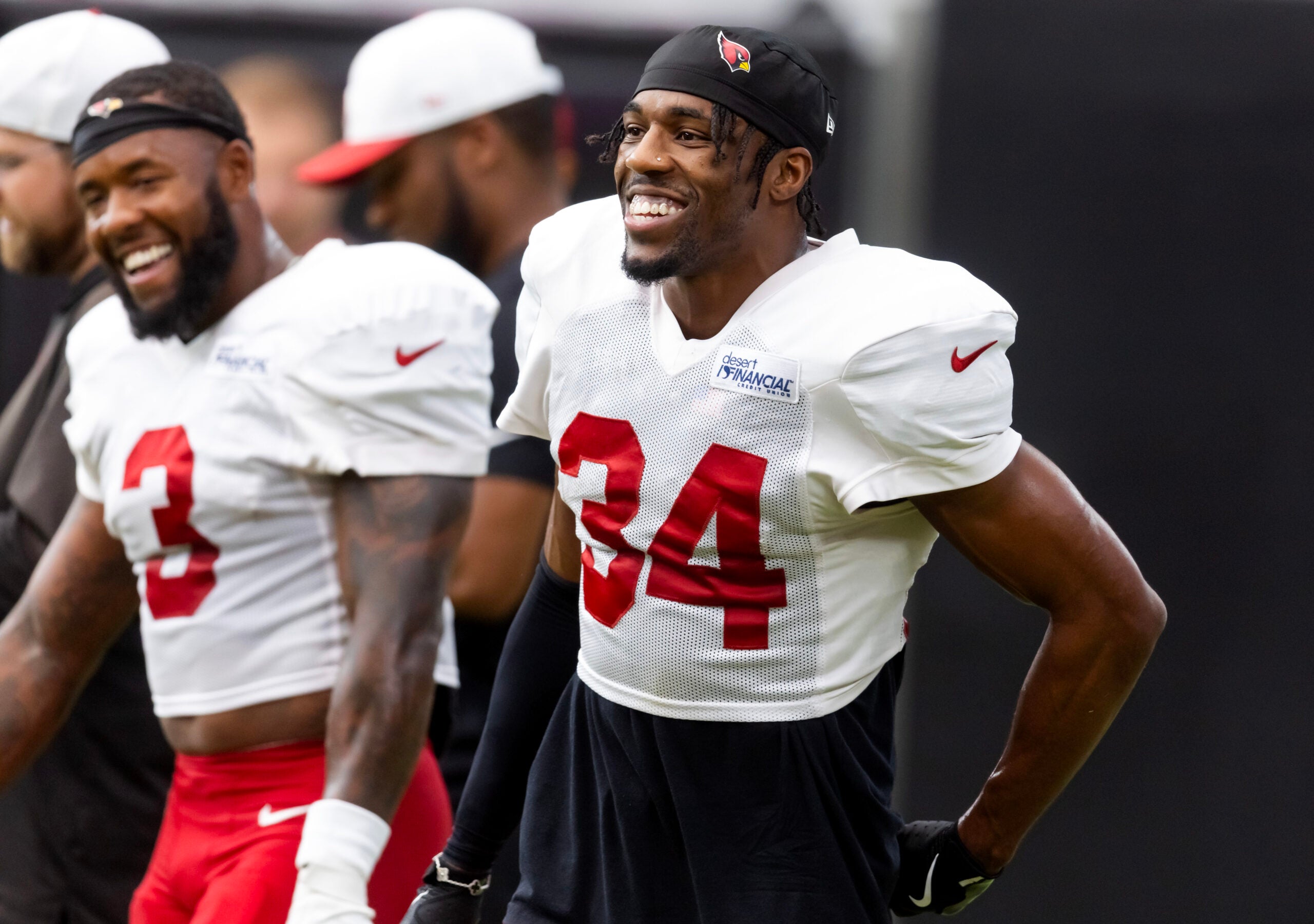 Jul 29, 2025; Glendale, AZ, USA; Arizona Cardinals safety Jalen Thompson (34) with safety Budda Baker (3) during training camp at State Farm Stadium.