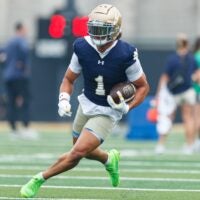 Notre Dame wide receiver Jaden Greathouse runs with the ball during a football practice at Irish Athletic Center on Thursday, July 31, 2025, in South Bend.