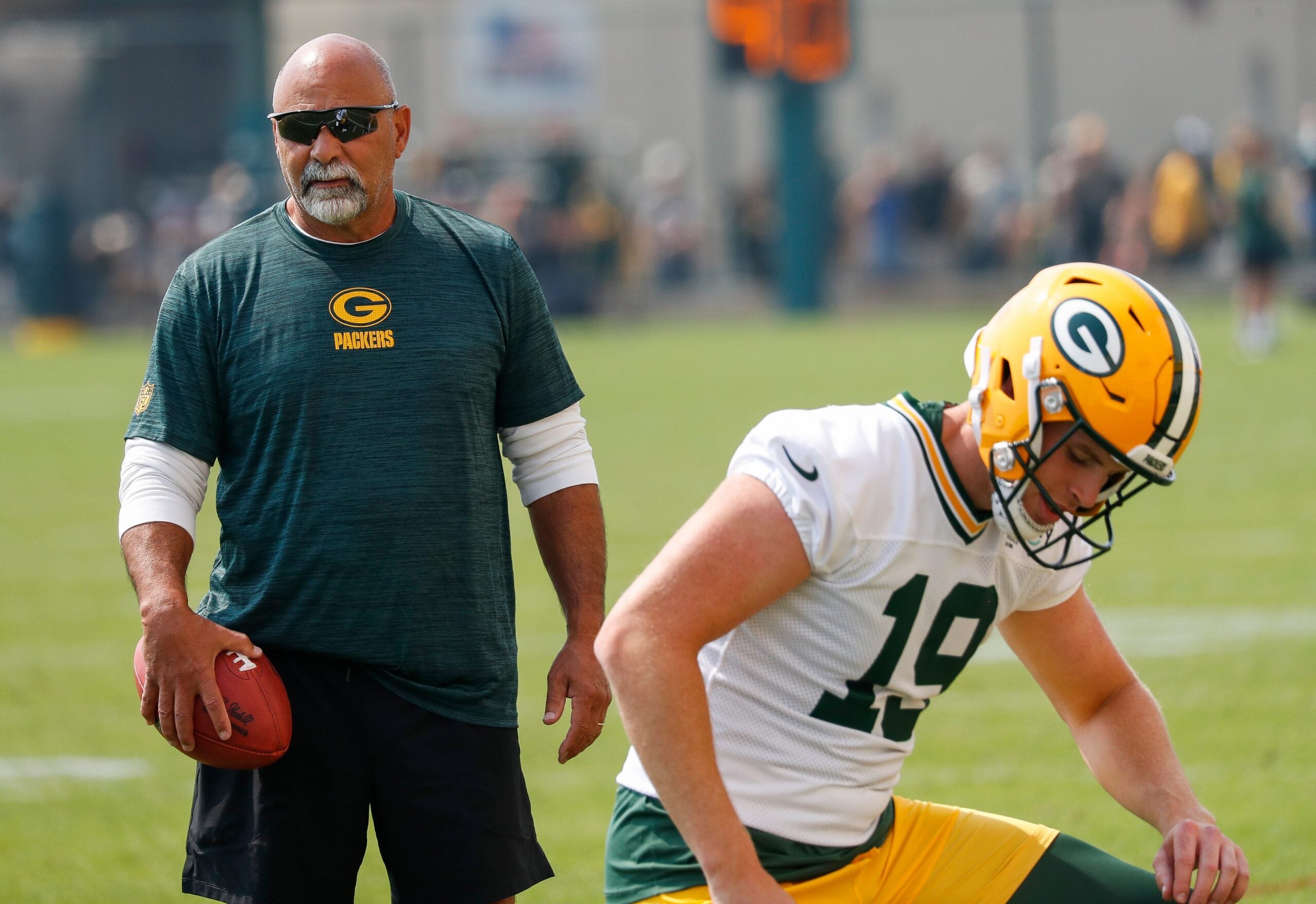 Green Bay Packers assistant head coach and special teams coordinator Rich Bisaccia surveys practice on Friday, August 1, 2025, at Ray Nitschke Field in Ashwaubenon, Wis.