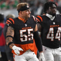 Aug 7, 2025; Philadelphia, Pennsylvania, USA; Cincinnati Bengals linebacker Logan Wilson (55) and linebacker Demetrius Knight Jr. (44) walk off the field at halftime against the Philadelphia Eagles at Lincoln Financial Field.