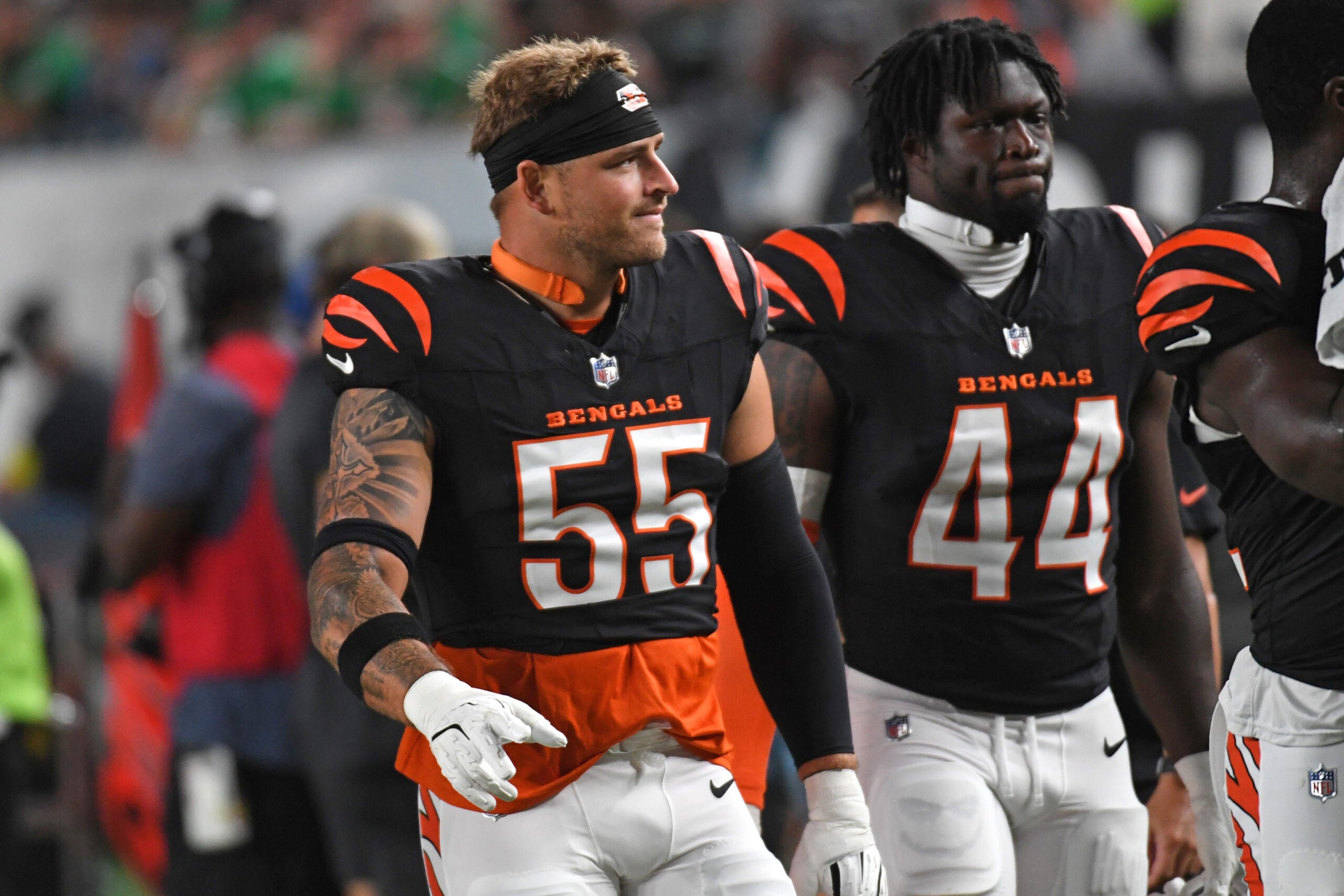 Aug 7, 2025; Philadelphia, Pennsylvania, USA; Cincinnati Bengals linebacker Logan Wilson (55) and linebacker Demetrius Knight Jr. (44) walk off the field at halftime against the Philadelphia Eagles at Lincoln Financial Field.