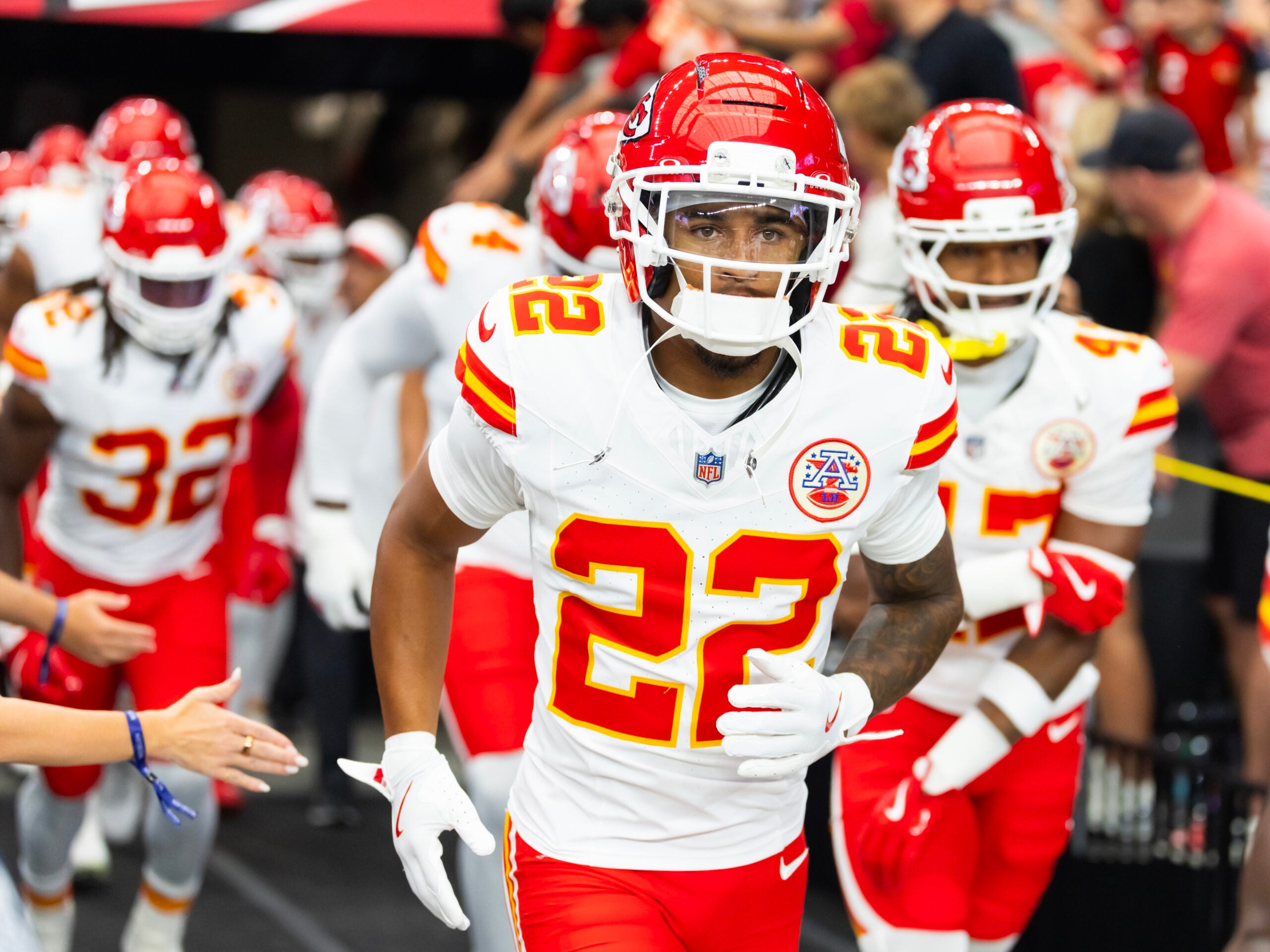 Aug 9, 2025; Glendale, Arizona, USA; Kansas City Chiefs cornerback Trent McDuffie (22) against the Arizona Cardinals during a preseason NFL game at State Farm Stadium.