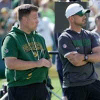 Green Bay Packers general manager Brian Gutekunst, left and head coach Matt LaFleur are shown during a joint practice with the Seattle Seahawks Thursday, August 21, 2025 in Green Bay, Wisconsin.