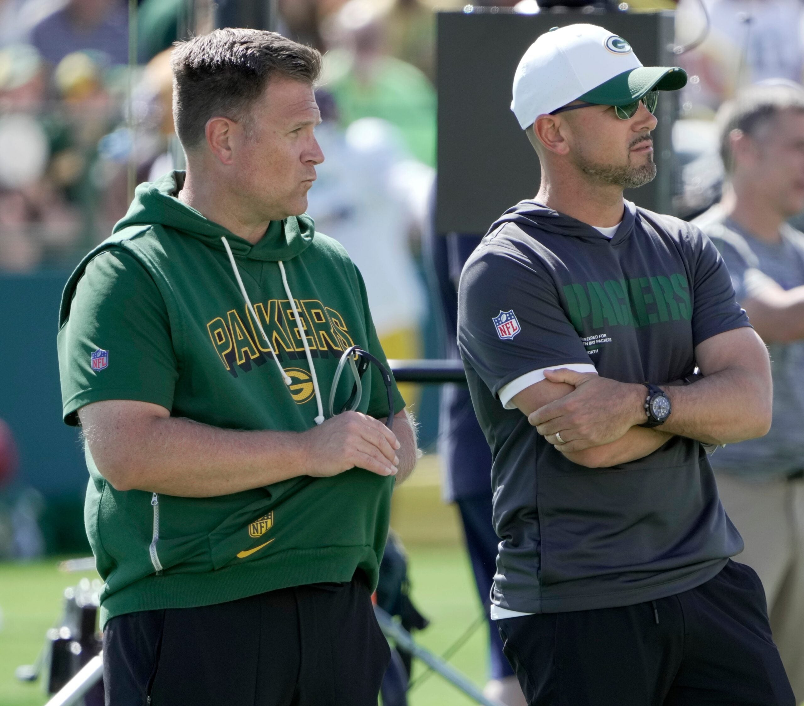Green Bay Packers general manager Brian Gutekunst, left and head coach Matt LaFleur are shown during a joint practice with the Seattle Seahawks Thursday, August 21, 2025 in Green Bay, Wisconsin.