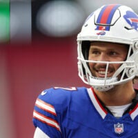Aug 23, 2025; Tampa, Florida, USA; Buffalo Bills quarterback Josh Allen (17) warms up before a game against the Tampa Bay Buccaneers at Raymond James Stadium.