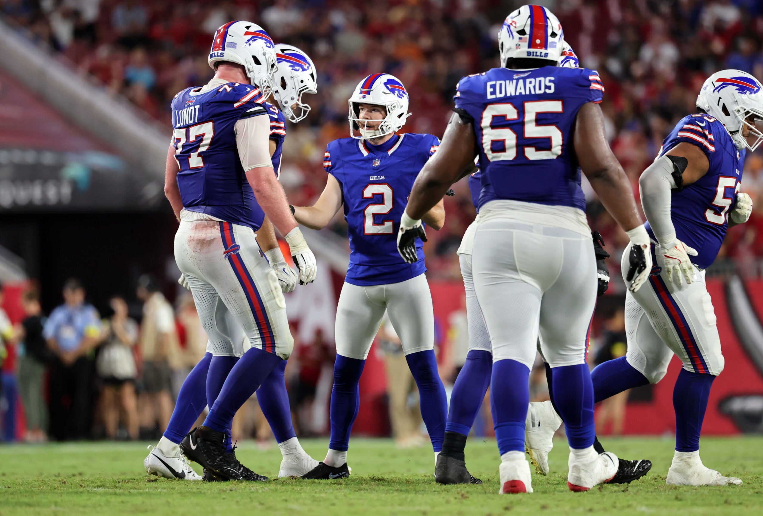 Aug 23, 2025; Tampa, Florida, USA; Buffalo Bills place kicker Tyler Bass (2) makes a field goal against the Tampa Bay Buccaneers during the second half at Raymond James Stadium.