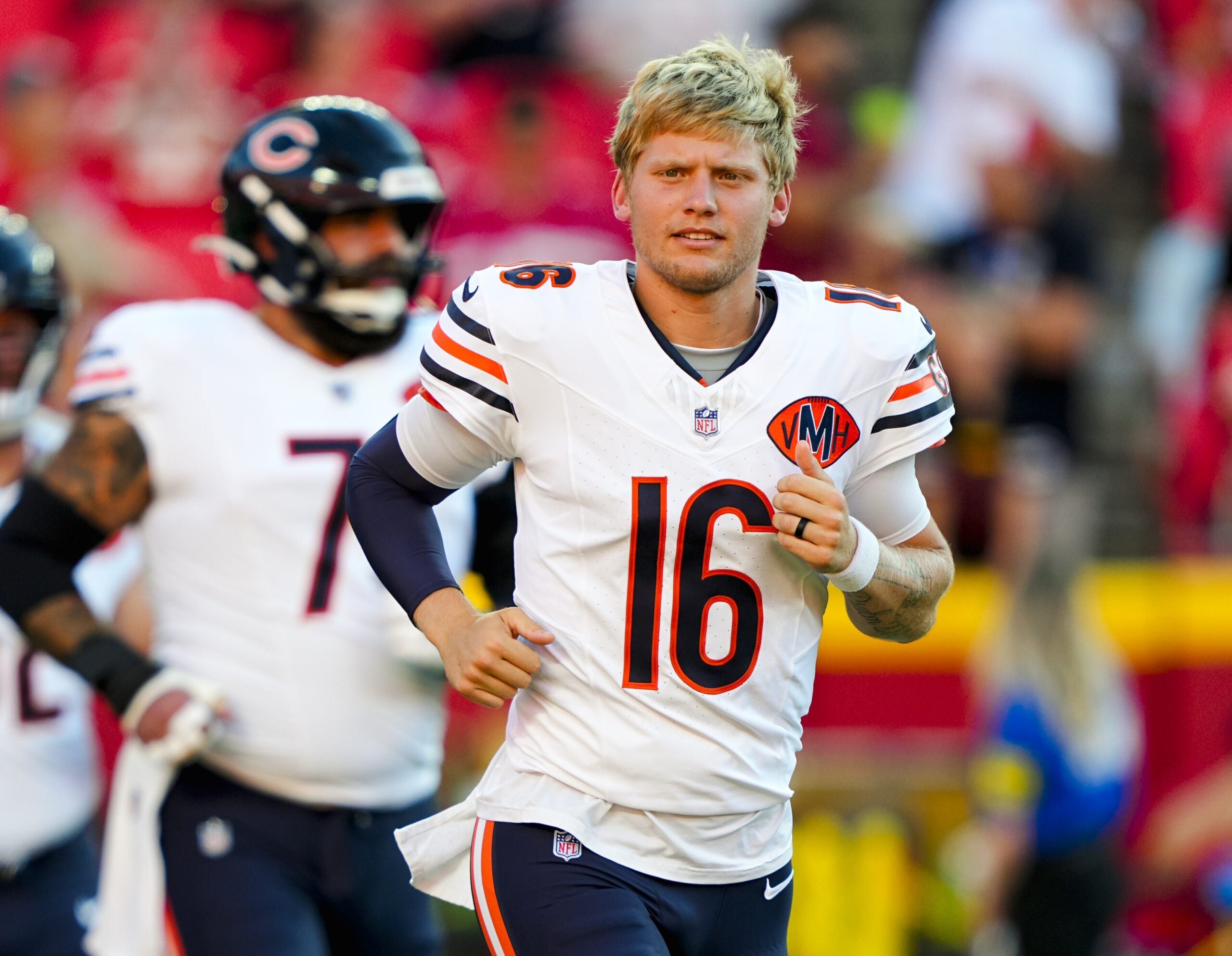 Chicago Bears quarterback Austin Reed (16) takes the field prior to a game against the Kansas City Chiefs at GEHA Field at Arrowhead Stadium.