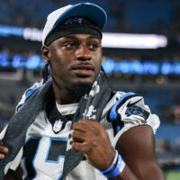 Aug 21, 2025; Charlotte, North Carolina, USA; Carolina Panthers wide receiver Xavier Legette (17) walks off the field after the game against the Pittsburgh Steelers at Bank of America Stadium.