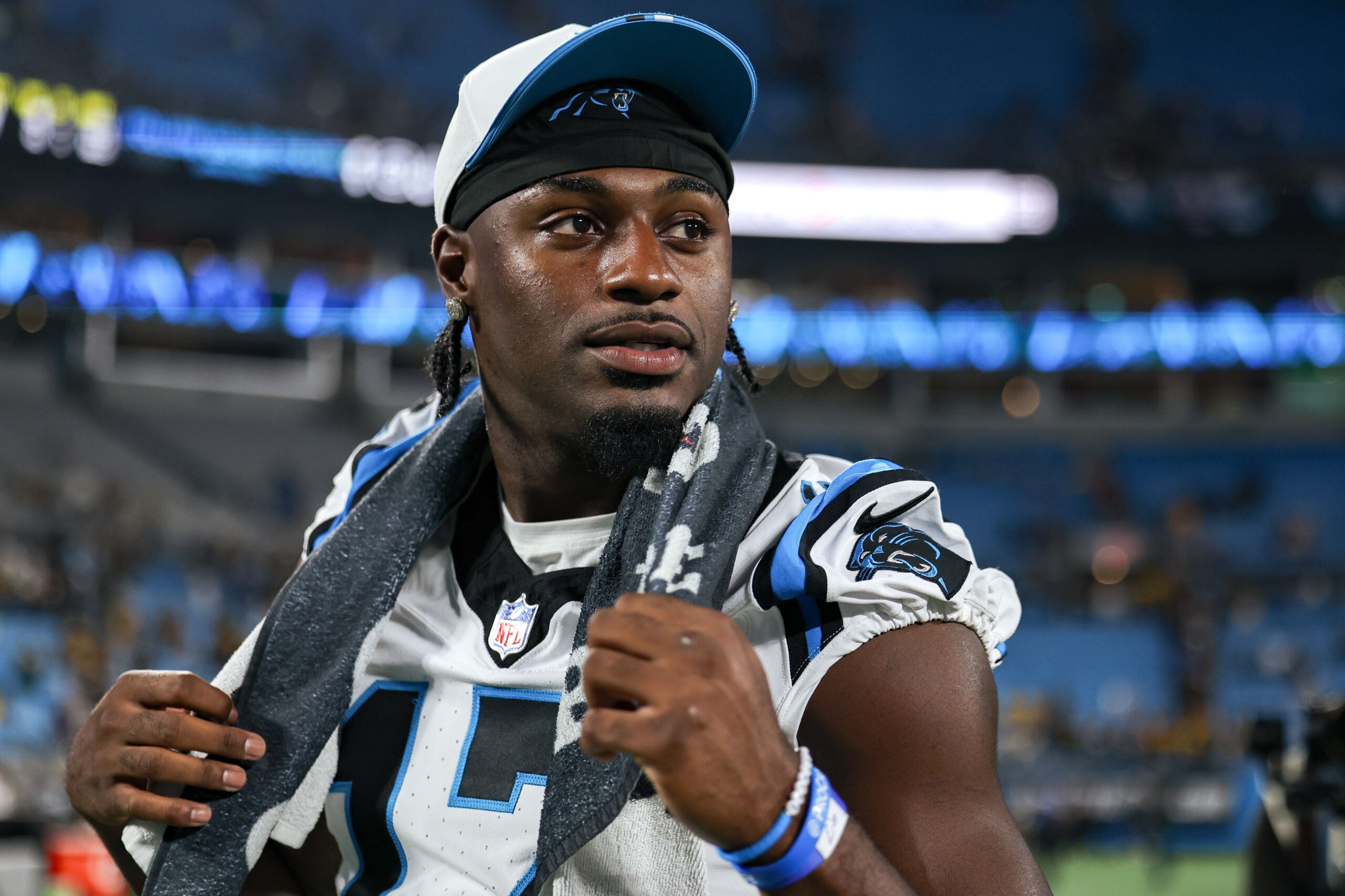 Aug 21, 2025; Charlotte, North Carolina, USA; Carolina Panthers wide receiver Xavier Legette (17) walks off the field after the game against the Pittsburgh Steelers at Bank of America Stadium.