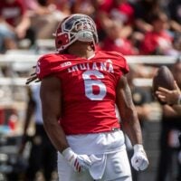 Indiana's Mikail Kamara (6) celebrates a sack of Kennesaw State's Amari Odom (2) during the Indiana versus Kennesaw State Big Ten football game at Memorial Stadium on Saturday, Sept. 6, 2025.