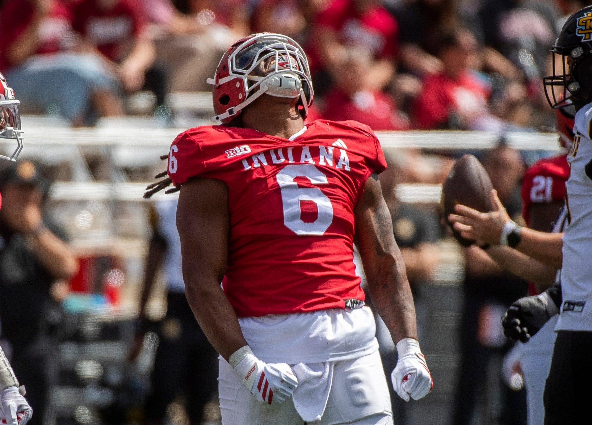 Indiana's Mikail Kamara (6) celebrates a sack of Kennesaw State's Amari Odom (2) during the Indiana versus Kennesaw State Big Ten football game at Memorial Stadium on Saturday, Sept. 6, 2025.