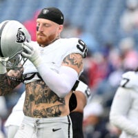 Sep 7, 2025; Foxborough, Massachusetts, USA; Las Vegas Raiders defensive end Maxx Crosby (98) practices before the game against the New England Patriots at Gillette Stadium.
