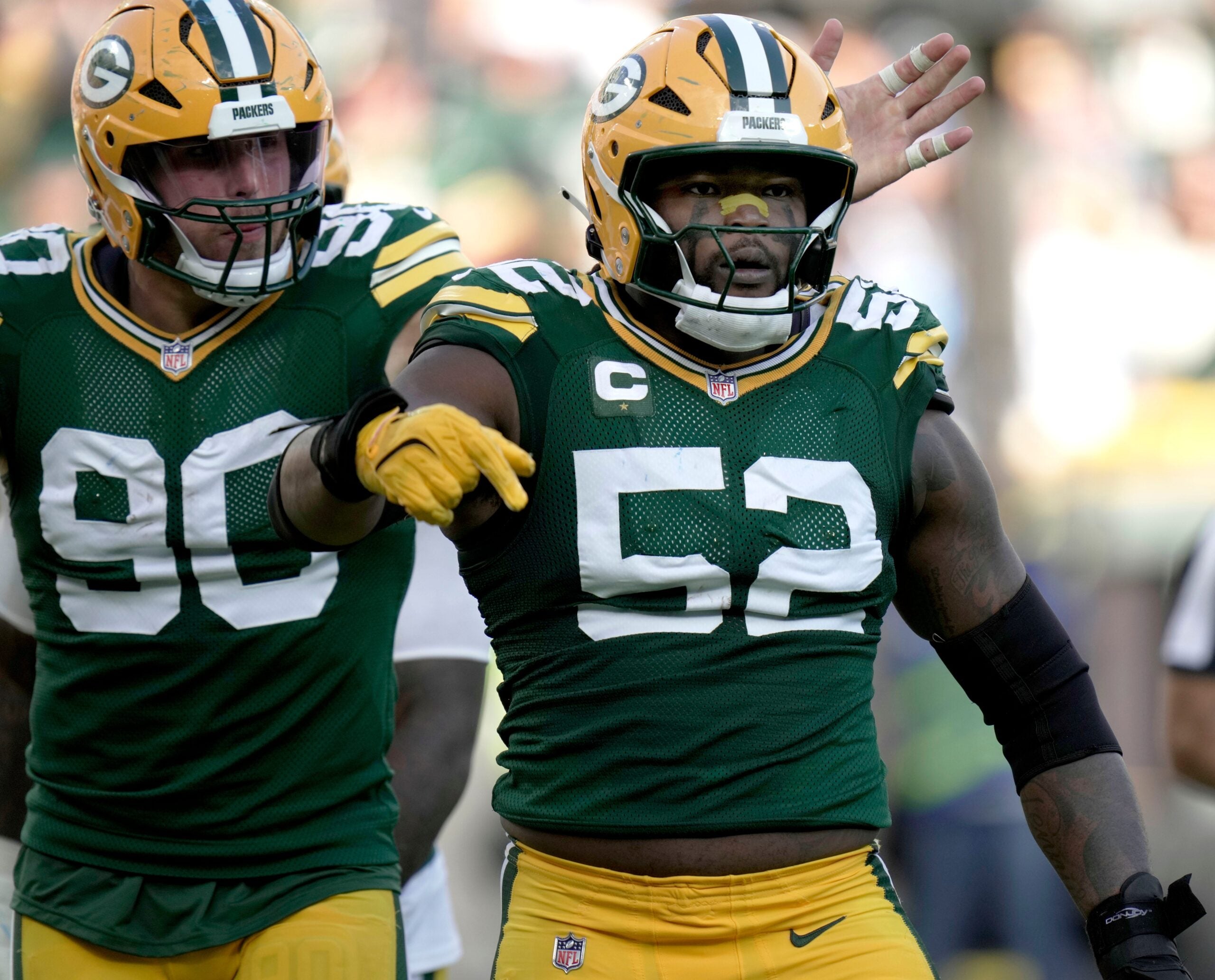 Green Bay Packers defensive end Rashan Gary (52) asks for a safety after sacking Detroit Lions quarterback Jared Goff during the fourth quarter of their game Sunday, September 7, 2025 at Lambeau Field in Green Bay, Wisconsin. The Green Bay Packers beat the Detroit Lions 27-13.