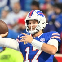 Sep 7, 2025; Orchard Park, New York, USA; Buffalo Bills quarterback Josh Allen (17) warms up prior to the game against the Baltimore Ravens at Highmark Stadium.